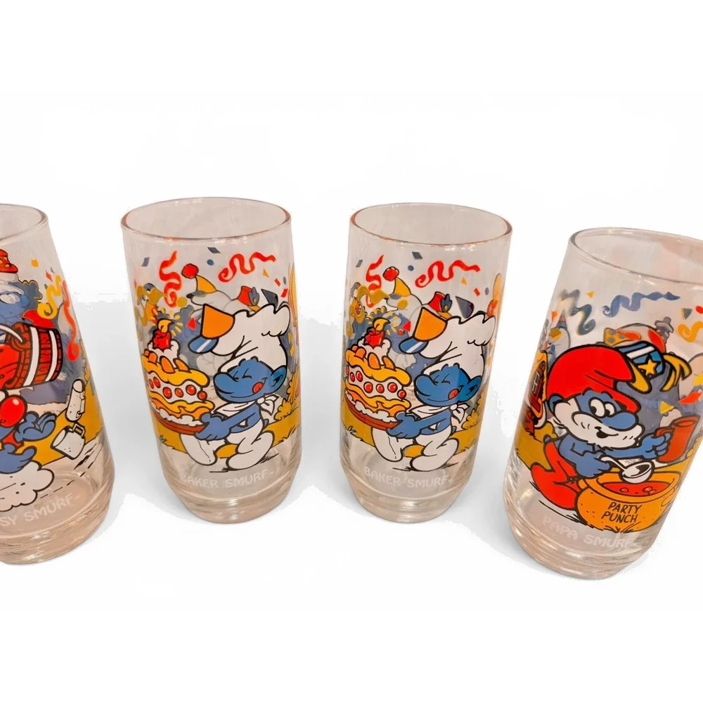 Vintage 1983 Smurf Drinking Glass Lot of 7 Peyo Wallace Berrie Baker Papa Clumsy